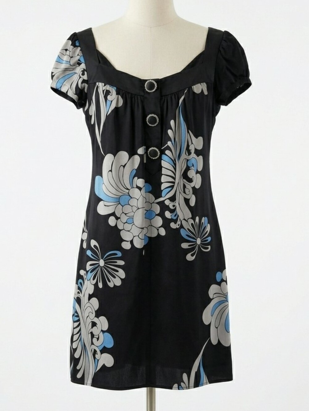Anthropologie Hype Silk Dress 6 Black Blue Mod Paisley Rhinestone Button Mini